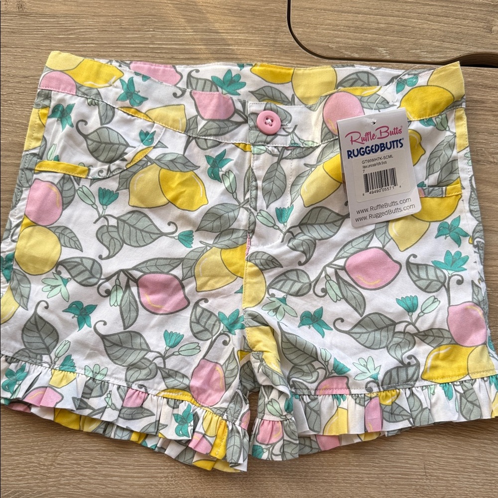Ruffle Butts Girls' Lemon Print Shorts - White, Yellow, Pink